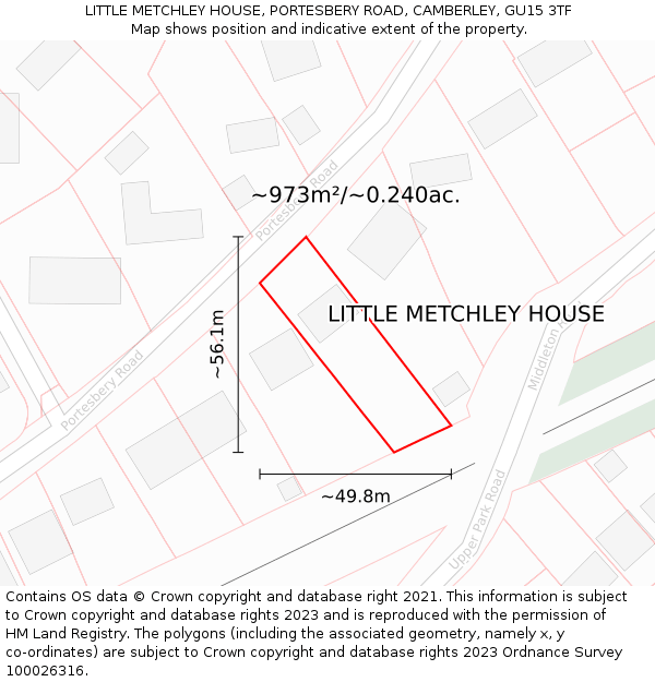 LITTLE METCHLEY HOUSE, PORTESBERY ROAD, CAMBERLEY, GU15 3TF: Plot and title map