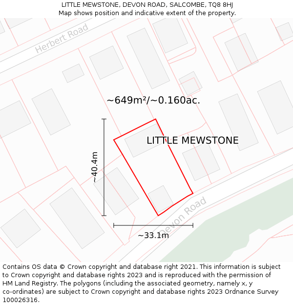 LITTLE MEWSTONE, DEVON ROAD, SALCOMBE, TQ8 8HJ: Plot and title map