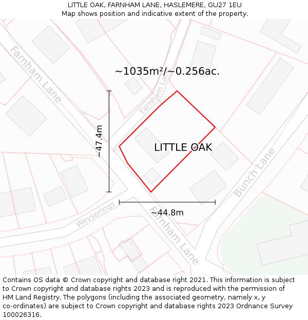 LITTLE OAK, FARNHAM LANE, HASLEMERE, GU27 1EU: Plot and title map