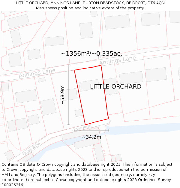 LITTLE ORCHARD, ANNINGS LANE, BURTON BRADSTOCK, BRIDPORT, DT6 4QN: Plot and title map