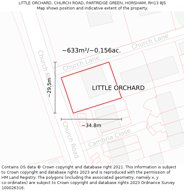 LITTLE ORCHARD, CHURCH ROAD, PARTRIDGE GREEN, HORSHAM, RH13 8JS: Plot and title map