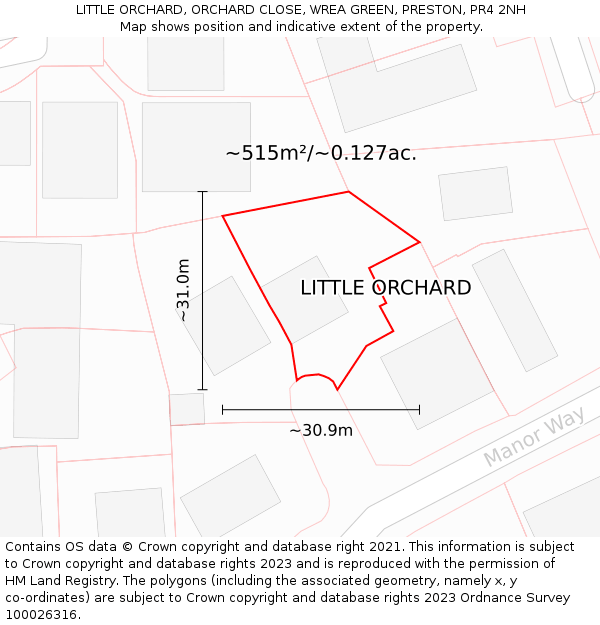 LITTLE ORCHARD, ORCHARD CLOSE, WREA GREEN, PRESTON, PR4 2NH: Plot and title map
