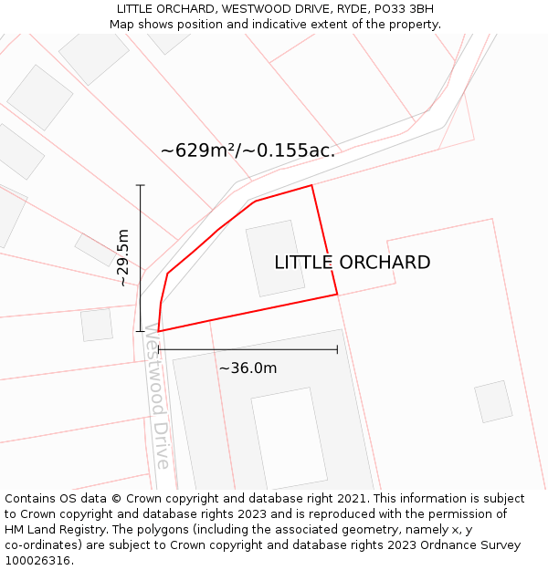 LITTLE ORCHARD, WESTWOOD DRIVE, RYDE, PO33 3BH: Plot and title map