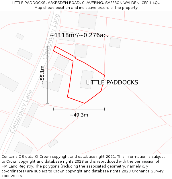 LITTLE PADDOCKS, ARKESDEN ROAD, CLAVERING, SAFFRON WALDEN, CB11 4QU: Plot and title map