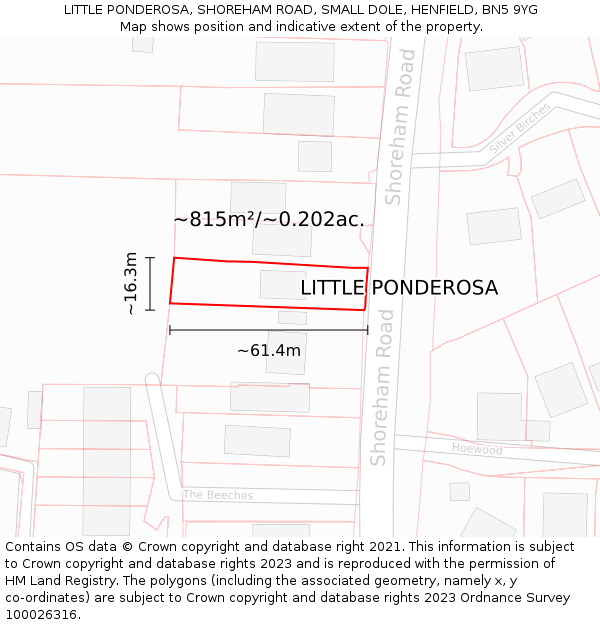 LITTLE PONDEROSA, SHOREHAM ROAD, SMALL DOLE, HENFIELD, BN5 9YG: Plot and title map