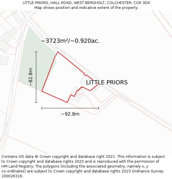 LITTLE PRIORS, HALL ROAD, WEST BERGHOLT, COLCHESTER, CO6 3DX: Plot and title map