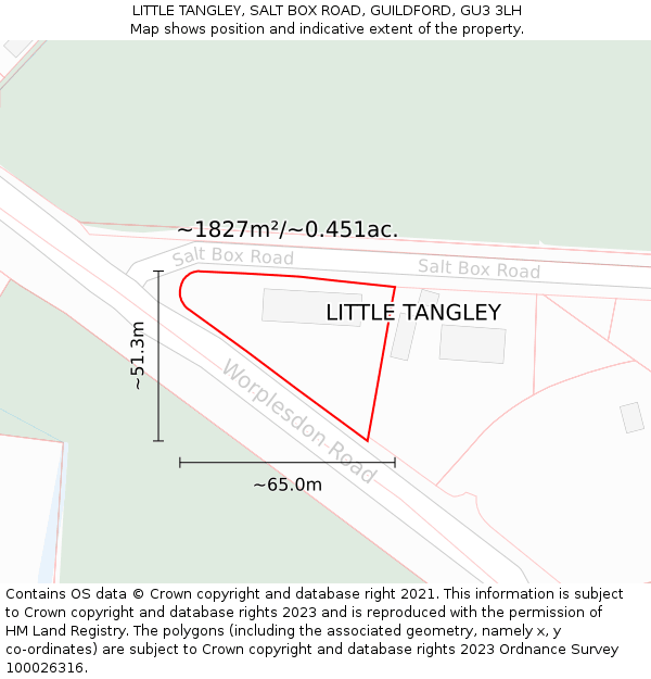 LITTLE TANGLEY, SALT BOX ROAD, GUILDFORD, GU3 3LH: Plot and title map