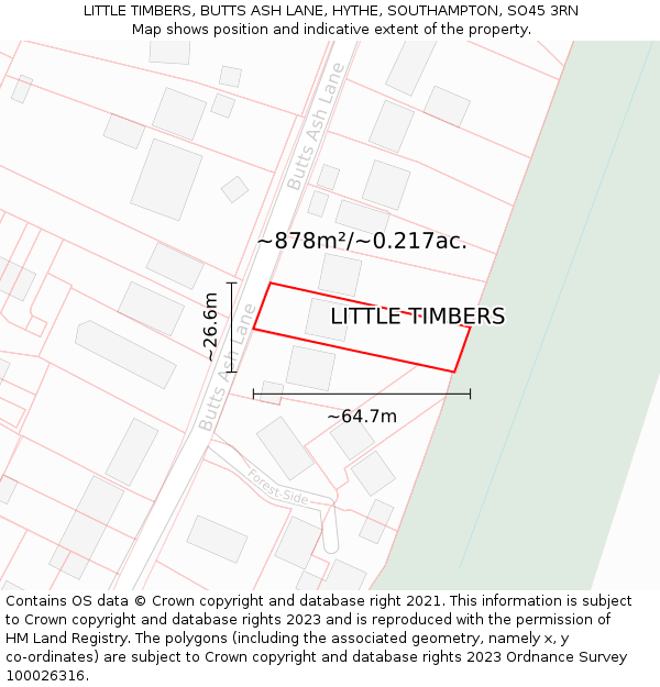 LITTLE TIMBERS, BUTTS ASH LANE, HYTHE, SOUTHAMPTON, SO45 3RN: Plot and title map