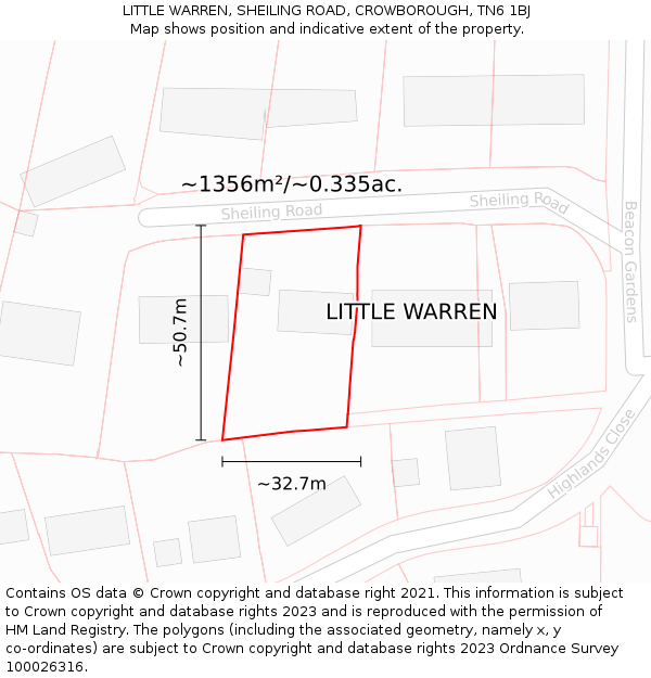 LITTLE WARREN, SHEILING ROAD, CROWBOROUGH, TN6 1BJ: Plot and title map