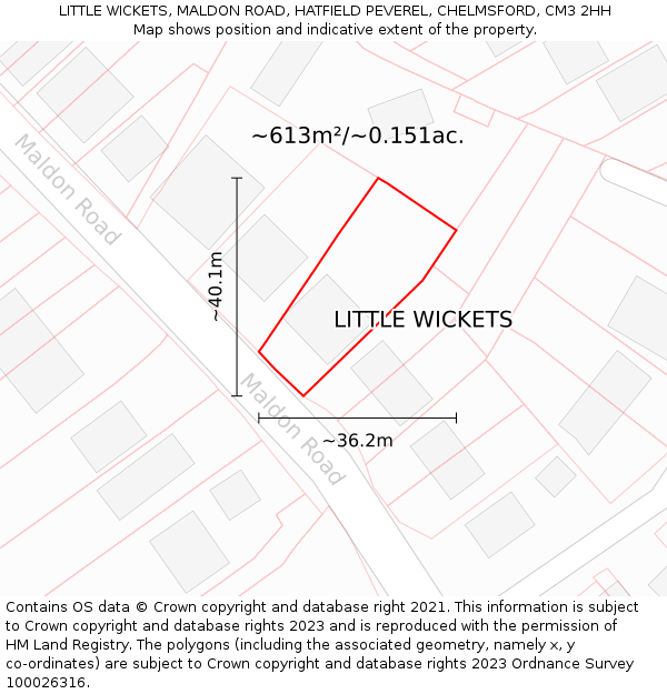 LITTLE WICKETS, MALDON ROAD, HATFIELD PEVEREL, CHELMSFORD, CM3 2HH: Plot and title map