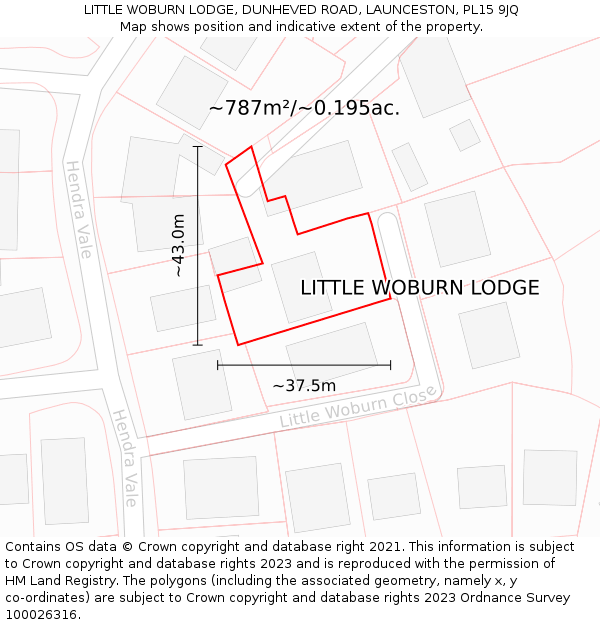 LITTLE WOBURN LODGE, DUNHEVED ROAD, LAUNCESTON, PL15 9JQ: Plot and title map
