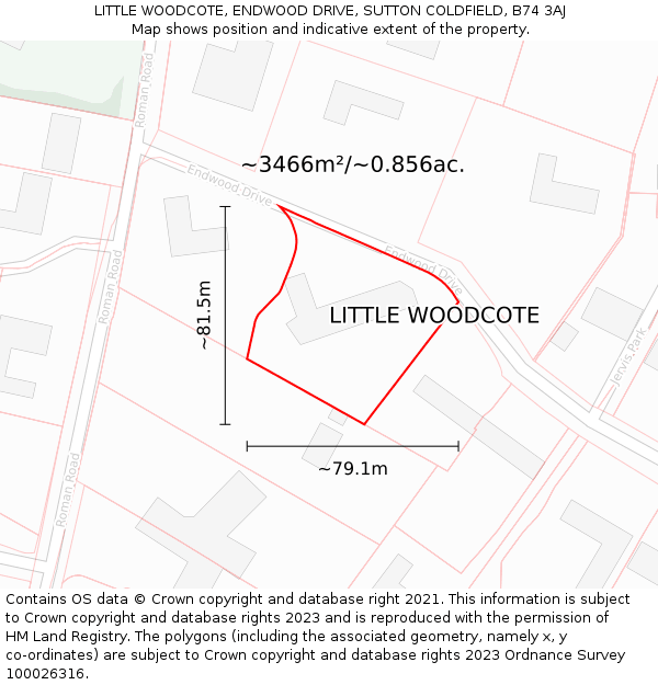 LITTLE WOODCOTE, ENDWOOD DRIVE, SUTTON COLDFIELD, B74 3AJ: Plot and title map