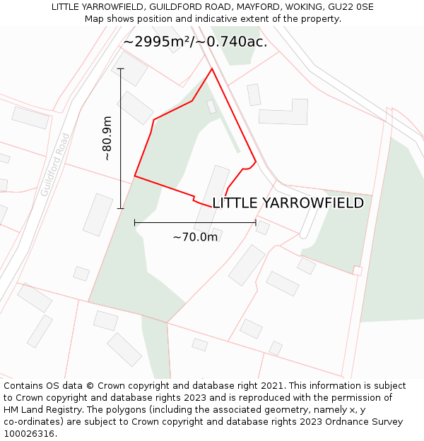 LITTLE YARROWFIELD, GUILDFORD ROAD, MAYFORD, WOKING, GU22 0SE: Plot and title map