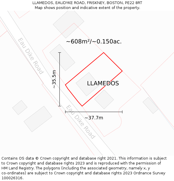 LLAMEDOS, EAUDYKE ROAD, FRISKNEY, BOSTON, PE22 8RT: Plot and title map