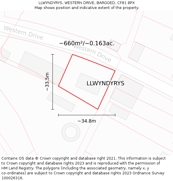 LLWYNDYRYS, WESTERN DRIVE, BARGOED, CF81 8PX: Plot and title map