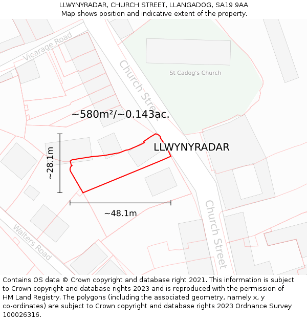 LLWYNYRADAR, CHURCH STREET, LLANGADOG, SA19 9AA: Plot and title map