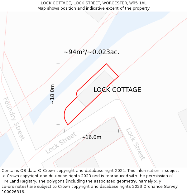 LOCK COTTAGE, LOCK STREET, WORCESTER, WR5 1AL: Plot and title map