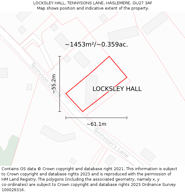 LOCKSLEY HALL, TENNYSONS LANE, HASLEMERE, GU27 3AF: Plot and title map