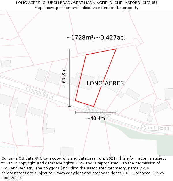 LONG ACRES, CHURCH ROAD, WEST HANNINGFIELD, CHELMSFORD, CM2 8UJ: Plot and title map