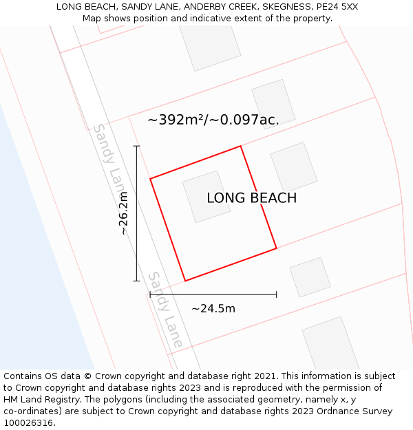 LONG BEACH, SANDY LANE, ANDERBY CREEK, SKEGNESS, PE24 5XX: Plot and title map