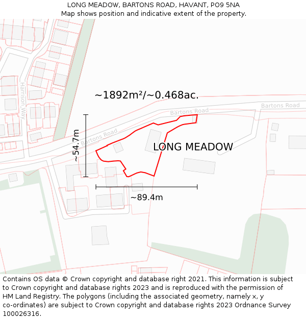 LONG MEADOW, BARTONS ROAD, HAVANT, PO9 5NA: Plot and title map