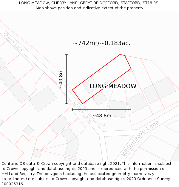 LONG MEADOW, CHERRY LANE, GREAT BRIDGEFORD, STAFFORD, ST18 9SL: Plot and title map