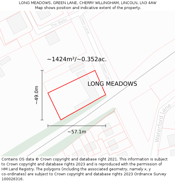 LONG MEADOWS, GREEN LANE, CHERRY WILLINGHAM, LINCOLN, LN3 4AW: Plot and title map
