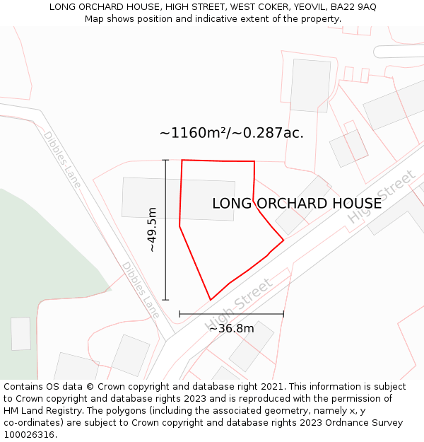 LONG ORCHARD HOUSE, HIGH STREET, WEST COKER, YEOVIL, BA22 9AQ: Plot and title map