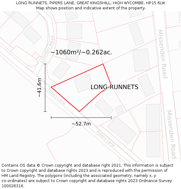 LONG RUNNETS, PIPERS LANE, GREAT KINGSHILL, HIGH WYCOMBE, HP15 6LW: Plot and title map