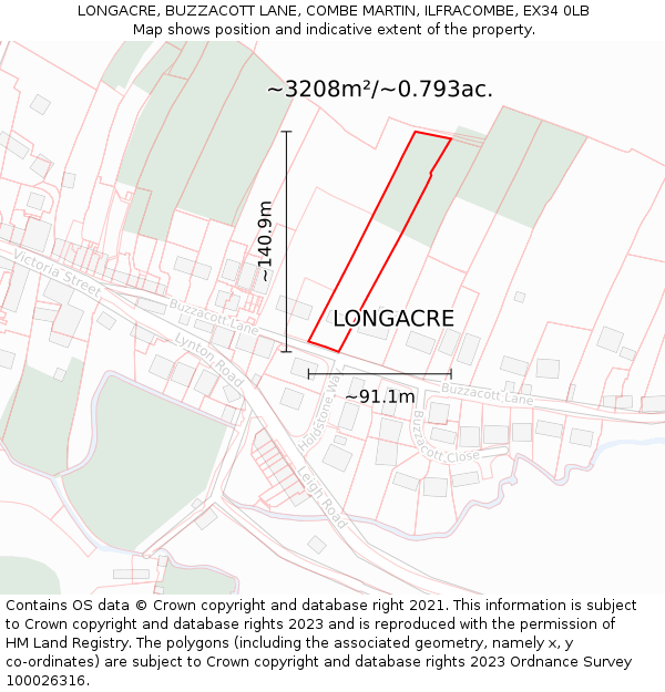 LONGACRE, BUZZACOTT LANE, COMBE MARTIN, ILFRACOMBE, EX34 0LB: Plot and title map