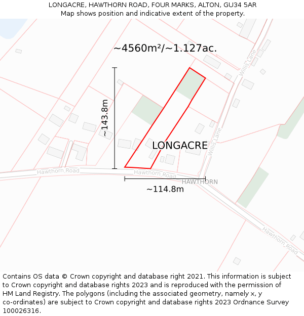 LONGACRE, HAWTHORN ROAD, FOUR MARKS, ALTON, GU34 5AR: Plot and title map