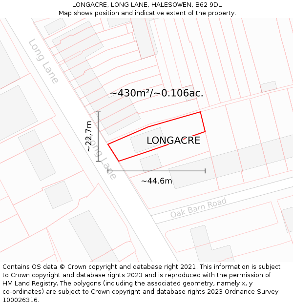 LONGACRE, LONG LANE, HALESOWEN, B62 9DL: Plot and title map