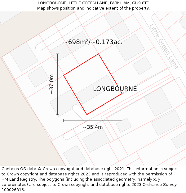 LONGBOURNE, LITTLE GREEN LANE, FARNHAM, GU9 8TF: Plot and title map