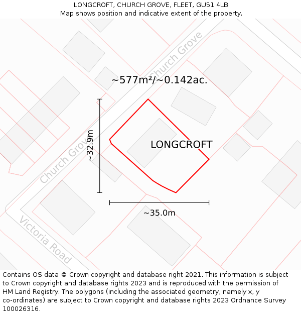 LONGCROFT, CHURCH GROVE, FLEET, GU51 4LB: Plot and title map