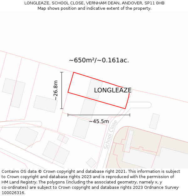 LONGLEAZE, SCHOOL CLOSE, VERNHAM DEAN, ANDOVER, SP11 0HB: Plot and title map