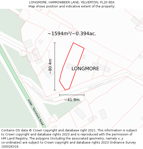 LONGMORE, HARROWBEER LANE, YELVERTON, PL20 6EA: Plot and title map