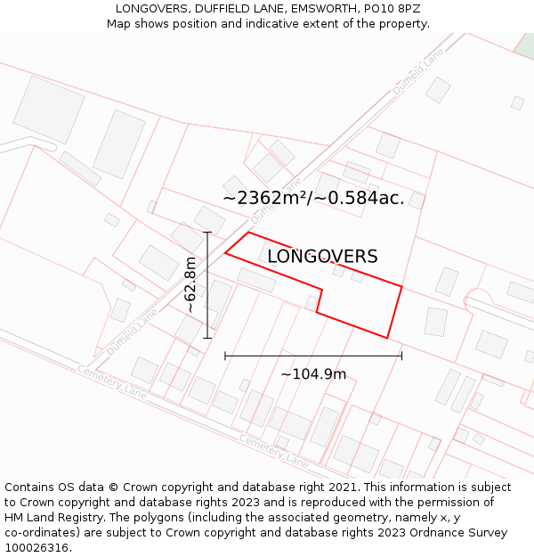 LONGOVERS, DUFFIELD LANE, EMSWORTH, PO10 8PZ: Plot and title map