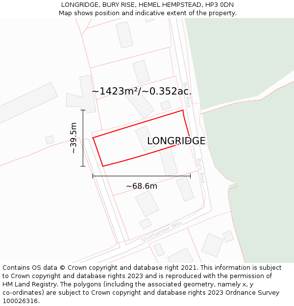 LONGRIDGE, BURY RISE, HEMEL HEMPSTEAD, HP3 0DN: Plot and title map