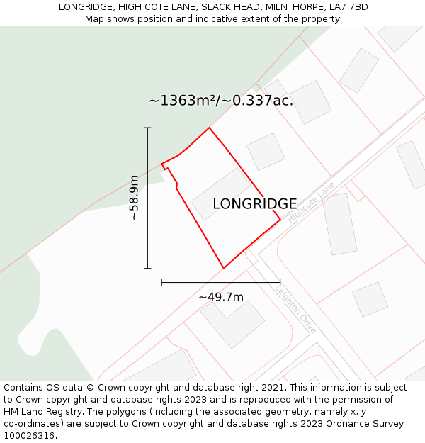 LONGRIDGE, HIGH COTE LANE, SLACK HEAD, MILNTHORPE, LA7 7BD: Plot and title map