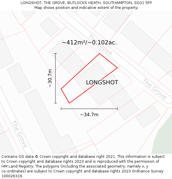 LONGSHOT, THE GROVE, BUTLOCKS HEATH, SOUTHAMPTON, SO31 5FP: Plot and title map