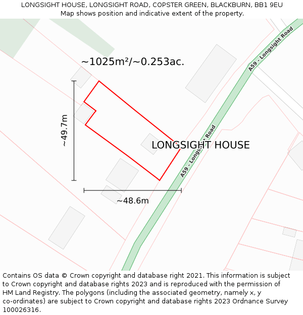 LONGSIGHT HOUSE, LONGSIGHT ROAD, COPSTER GREEN, BLACKBURN, BB1 9EU: Plot and title map