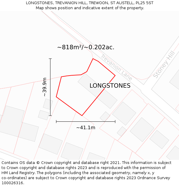 LONGSTONES, TREVANION HILL, TREWOON, ST AUSTELL, PL25 5ST: Plot and title map