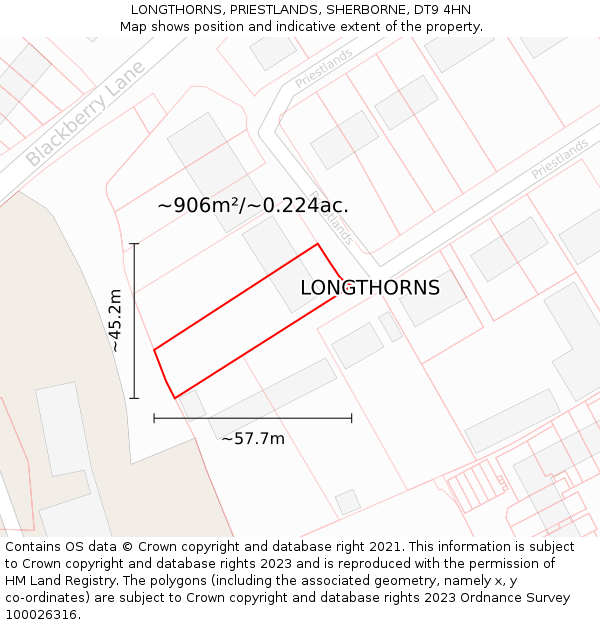 LONGTHORNS, PRIESTLANDS, SHERBORNE, DT9 4HN: Plot and title map