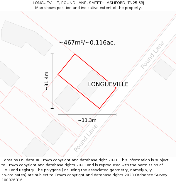 LONGUEVILLE, POUND LANE, SMEETH, ASHFORD, TN25 6RJ: Plot and title map