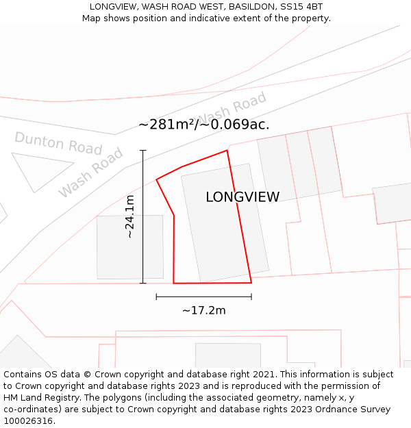 LONGVIEW, WASH ROAD WEST, BASILDON, SS15 4BT: Plot and title map
