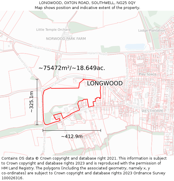 LONGWOOD, OXTON ROAD, SOUTHWELL, NG25 0QY: Plot and title map