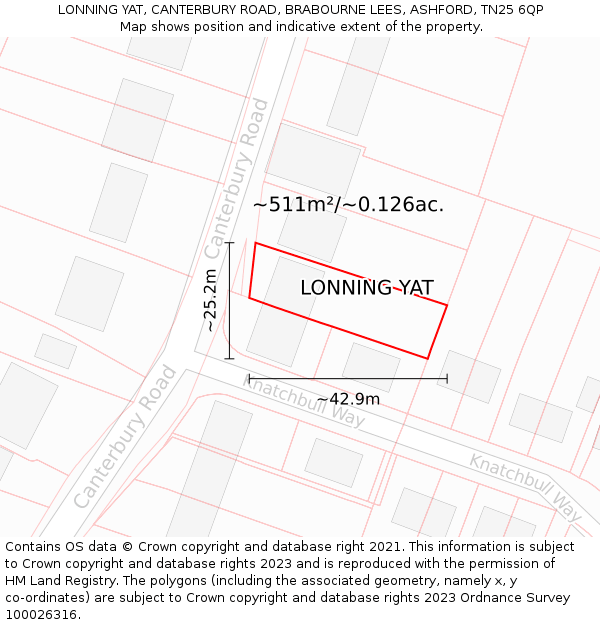 LONNING YAT, CANTERBURY ROAD, BRABOURNE LEES, ASHFORD, TN25 6QP: Plot and title map