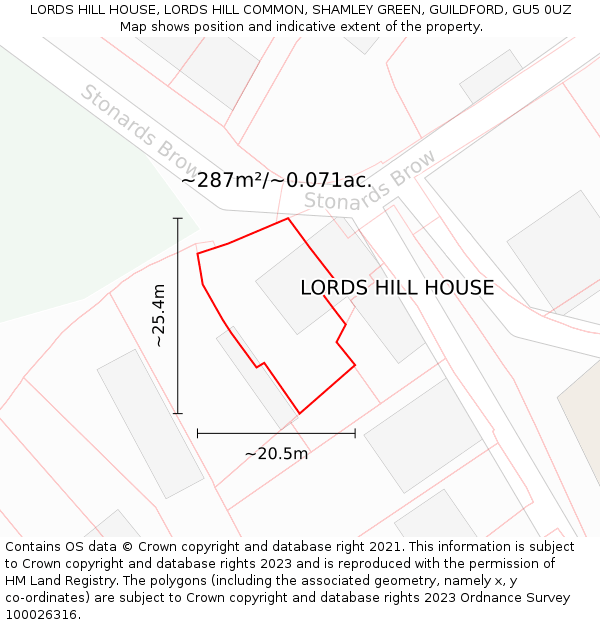 LORDS HILL HOUSE, LORDS HILL COMMON, SHAMLEY GREEN, GUILDFORD, GU5 0UZ: Plot and title map
