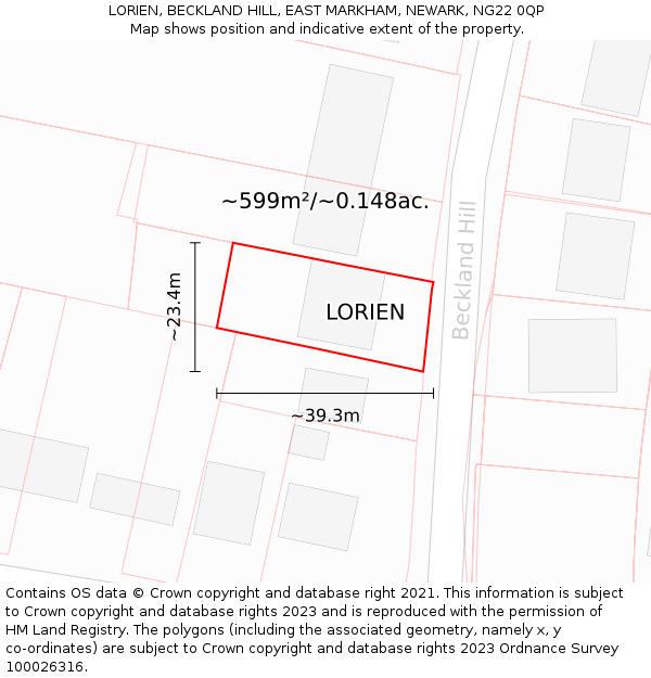 LORIEN, BECKLAND HILL, EAST MARKHAM, NEWARK, NG22 0QP: Plot and title map