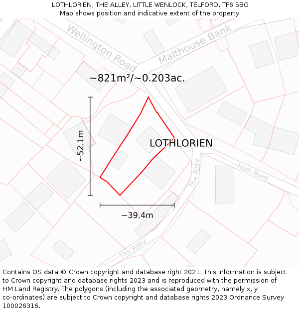 LOTHLORIEN, THE ALLEY, LITTLE WENLOCK, TELFORD, TF6 5BG: Plot and title map